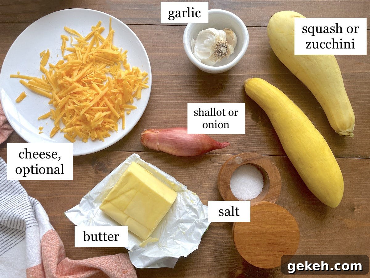 Perfectly Sautéed Summer Squash with Garlic and Herbs 3 The ingredients needed to make sauteed squash, laid out and labeled.