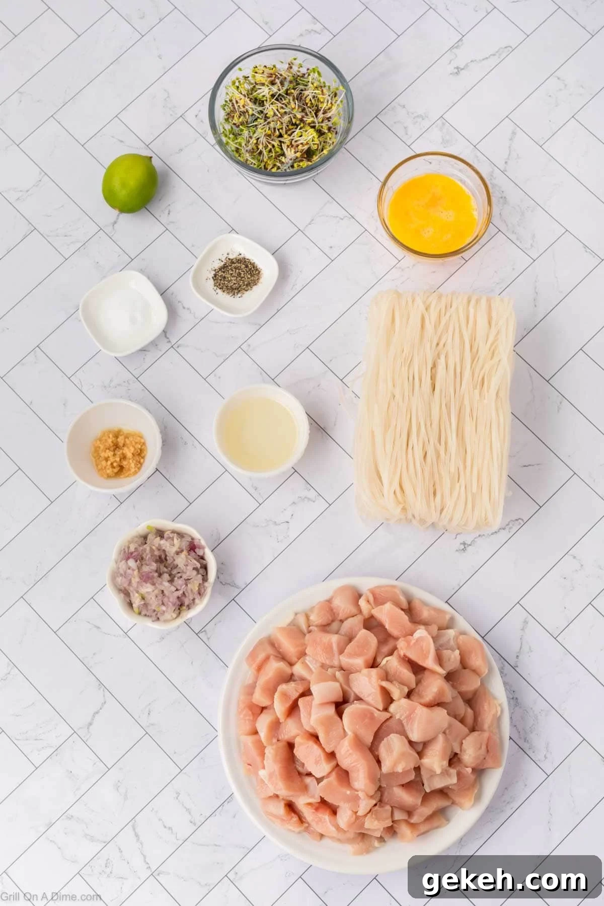 Authentic Pad Thai on a Blackstone Griddle: Simple Recipe 3 Ingredients - Dice chicken, shallots, minced garlic, noodles, eggs, salt, pepper, oil, lemon, bean sprouts