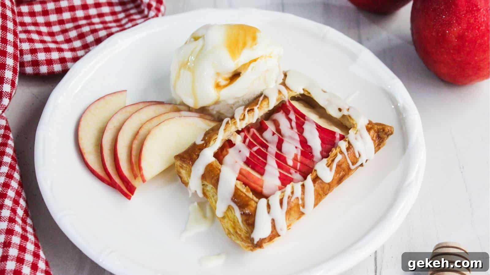 19 Desserts for Two to Share Straight from the Pan 4 Apple puff pastry tart on a dessert plate with ice cream.