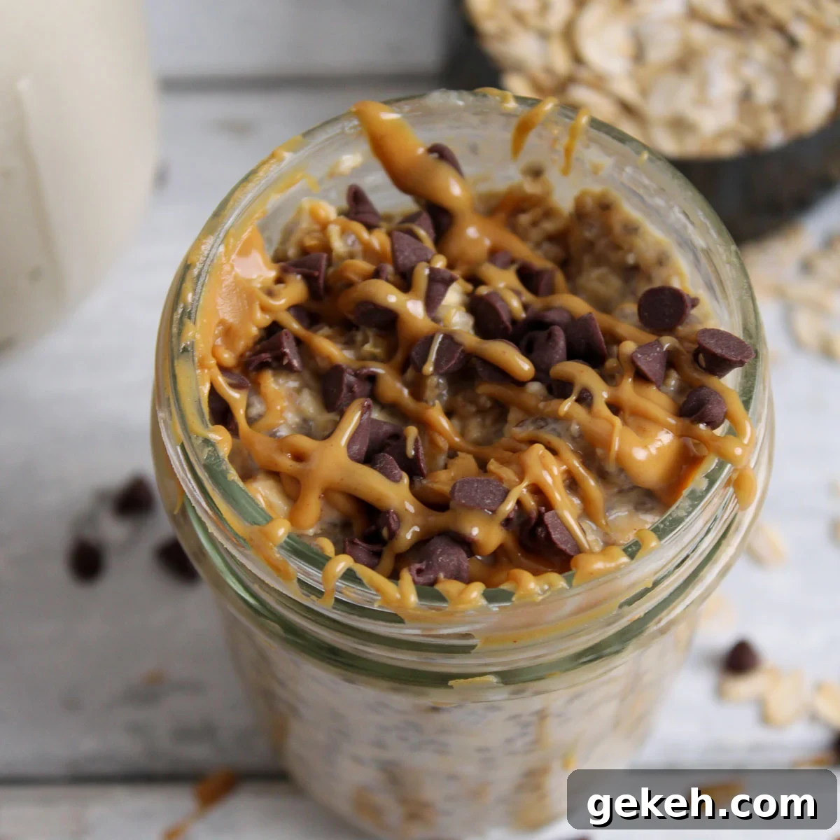Creamy Peanut Butter Overnight Oats Recipe for Quick Breakfast 8 Peanut butter oats with chocolate chips on top.