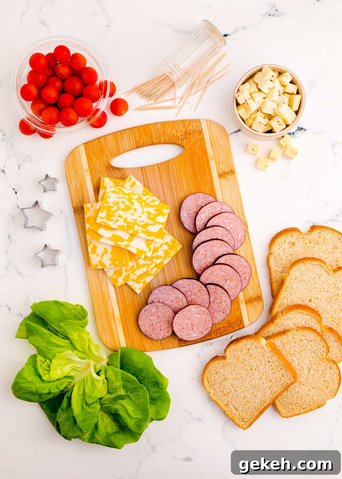 Festive Christmas Appetizer Ideas for Holiday Entertaining 4 Overhead photo of ingredients to make Christmas tree appetizers.