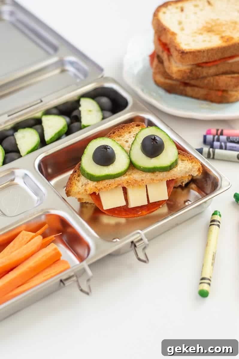 This pizza grilled cheese monster is going to be any kids favorite lunchbox sandwich! They are going to love the whimsy and fun of opening this up in the lunchroom to a funny face. We love using Canyon Bakehouse bread because it is so tasty that nobody would ever know it is gluten-free. AD