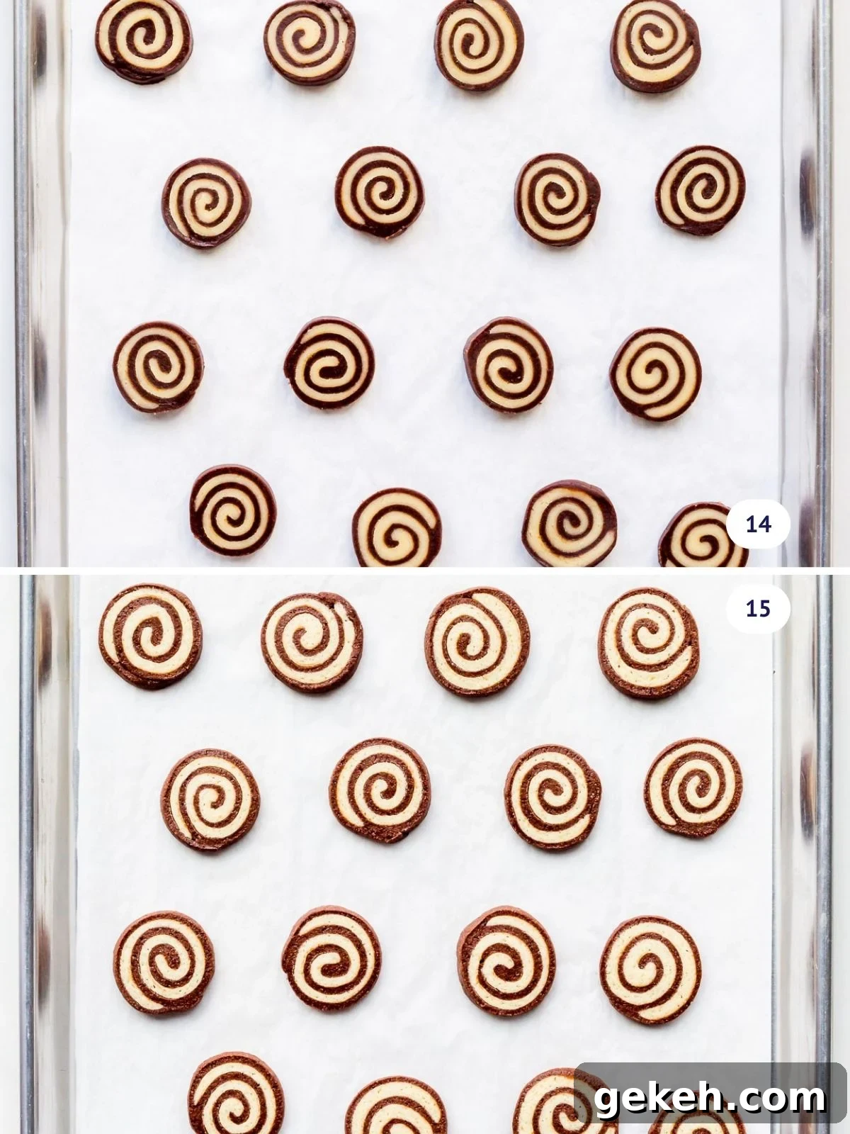 Chocolate Pinwheel Cookies: Swirl Cookie Recipe for Parties 8 Chocolate and vanilla pinwheel cookies before and after baking.