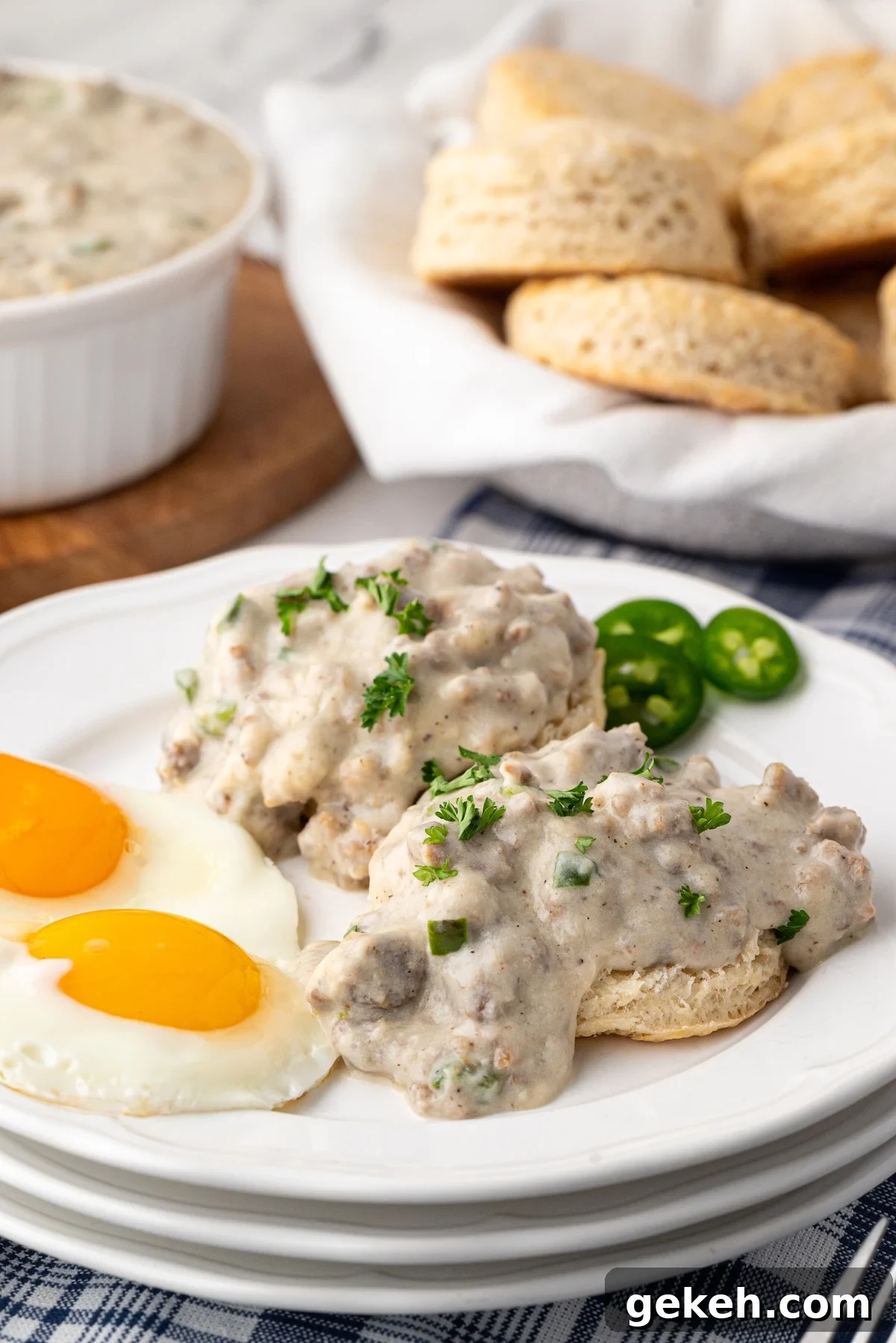 Jalapeño Sausage Gravy Recipe for Spicy Southern Biscuits 6 fried eggs and biscuits and gravy