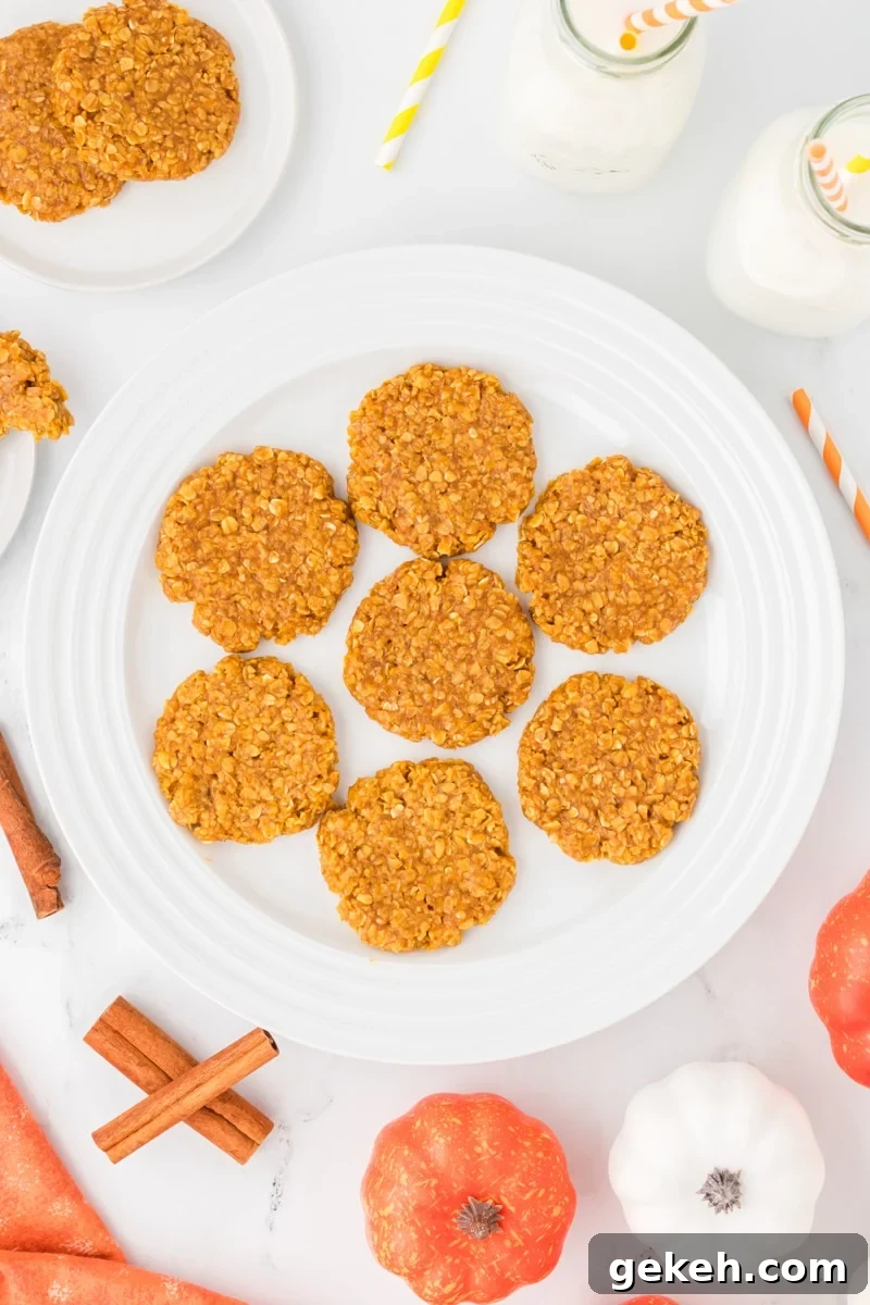 No-Bake Pumpkin Oat Cookies: Quick Fall Treats 12 A plateful of flattened pumpkin no bake cookies, with cinnamon sticks and pumpkins around the edge.