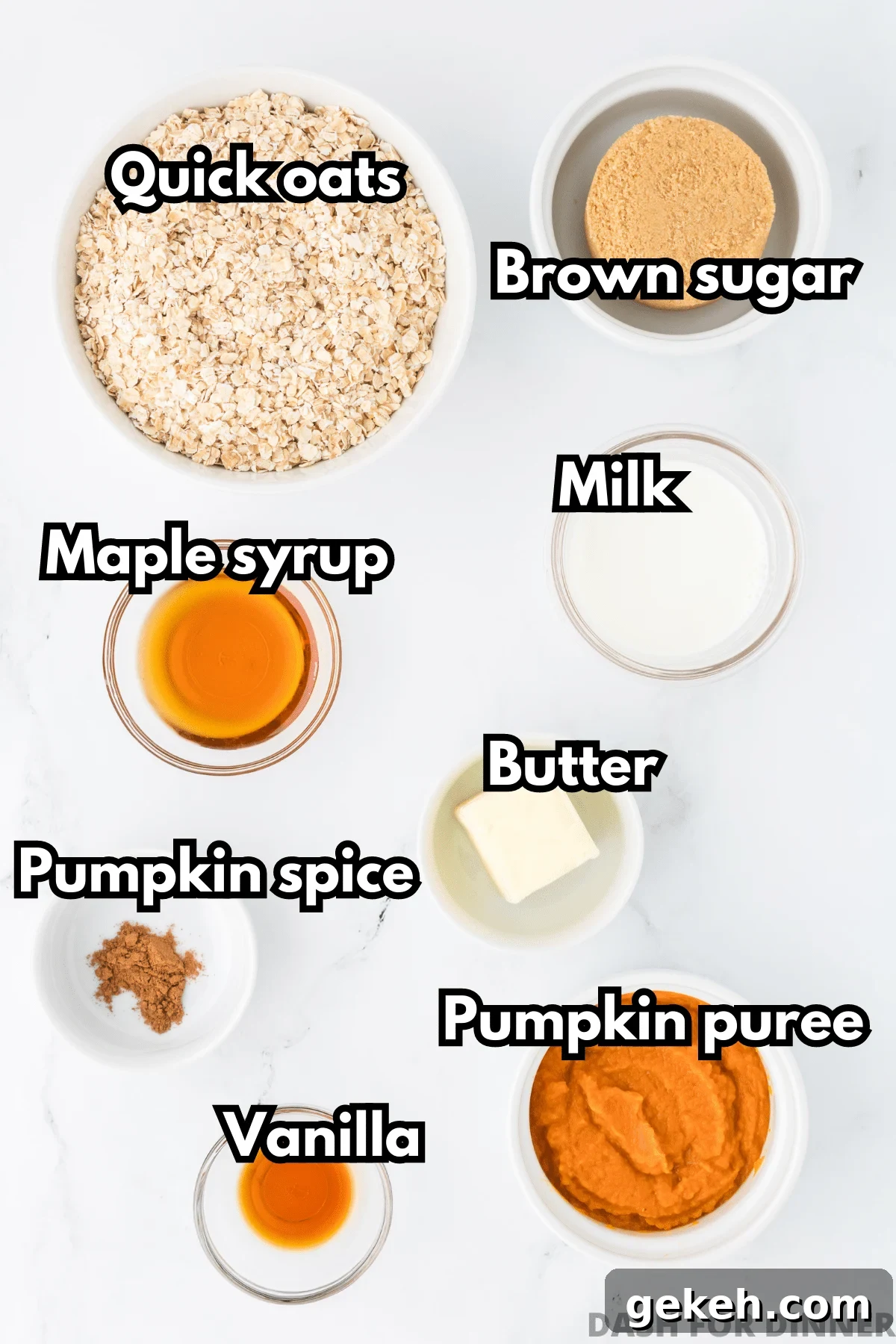 No-Bake Pumpkin Oat Cookies: Quick Fall Treats 3 The ingredients needed to make pumpkin no bake cookies: oats, brown sugar, milk, butter, maple syrup, pumpkin puree, spices, and vanilla.