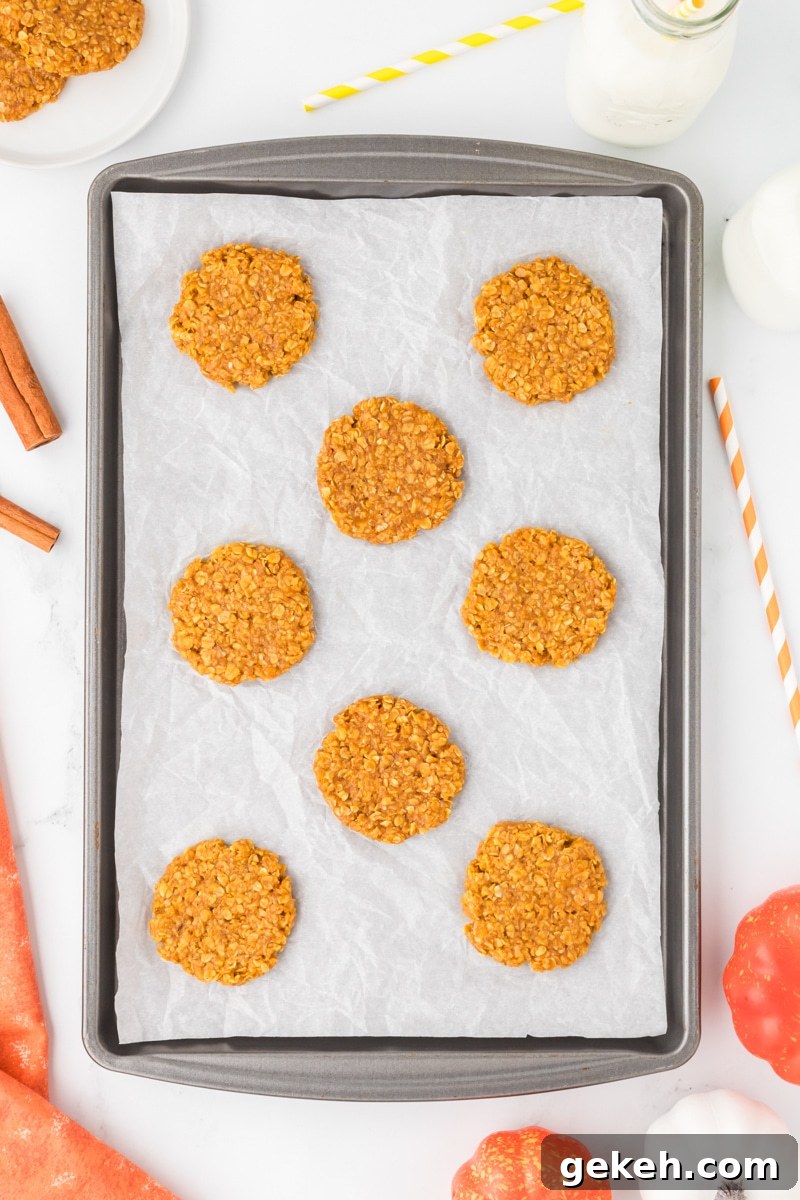 No-Bake Pumpkin Oat Cookies: Quick Fall Treats 9 A cookie sheet with flat pumpkin oatmeal cookies on it.