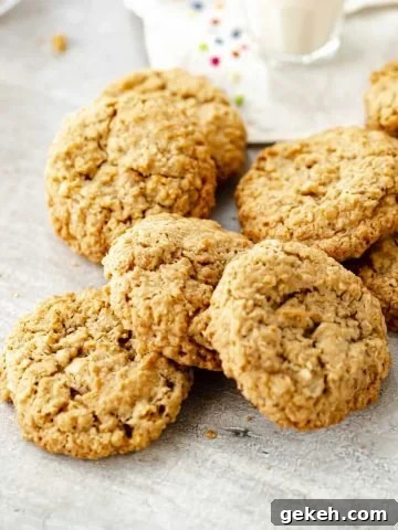 Several oatmeal cookies heaped together on grey surface, color dotted white linen in background.