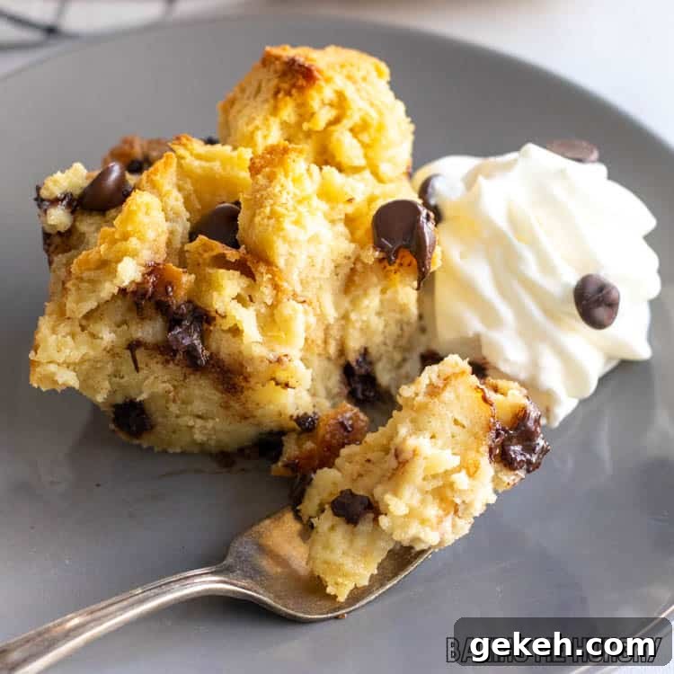 piece of chocolate chip bread pudding on a gray plate