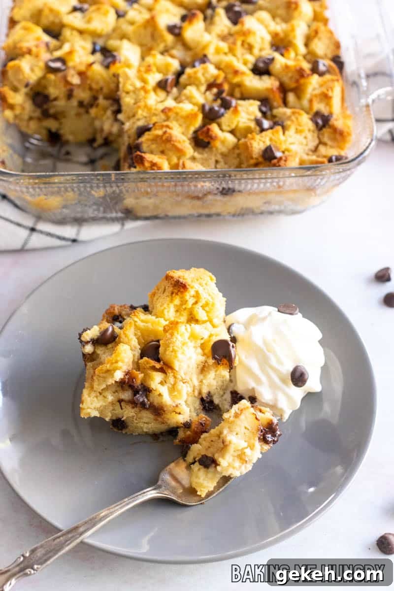 overhead shot of the chocolate bread pudding in the baking dish and on a plate