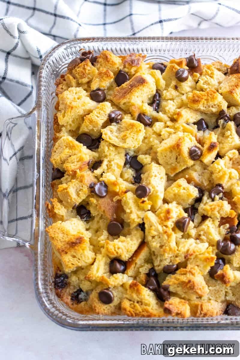 overhead shot of chocolate chip bread pudding