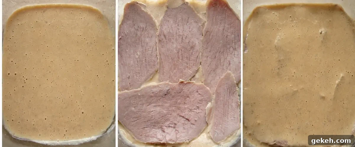 Vitello Tonnato: Classic Italian Cold Veal with Tuna-Caper Sauce 9 Thin slices of veal layered with creamy salsa tonnata during the assembly of Vitello Tonnato.