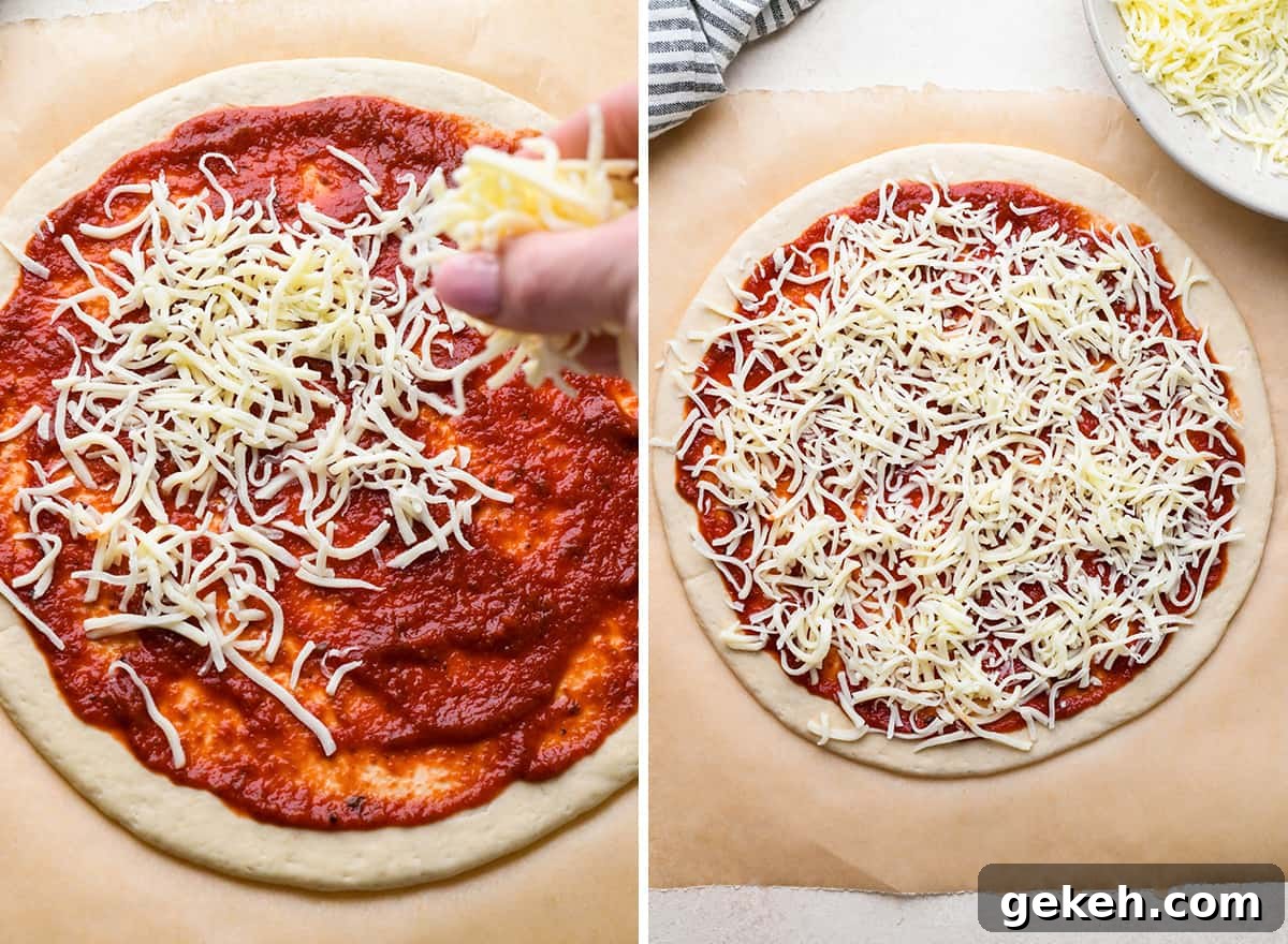 Classic Sausage Pizza Recipe: Crispy Crust & Savory Toppings 10 two photos showing sprinkling the first layer of cheese on a Sausage Pizza