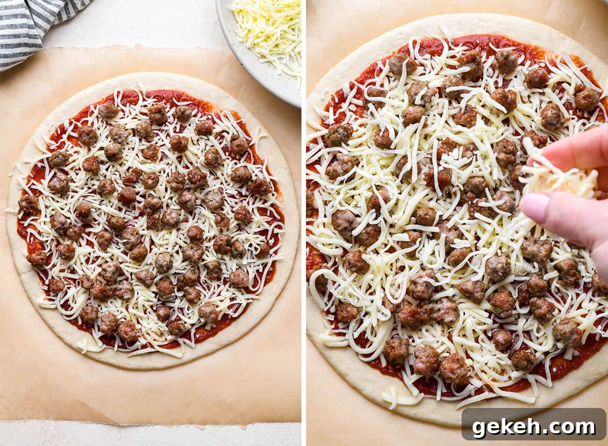 Classic Sausage Pizza Recipe: Crispy Crust & Savory Toppings 11 two photos showing adding sausage and additional cheese to Sausage Pizza