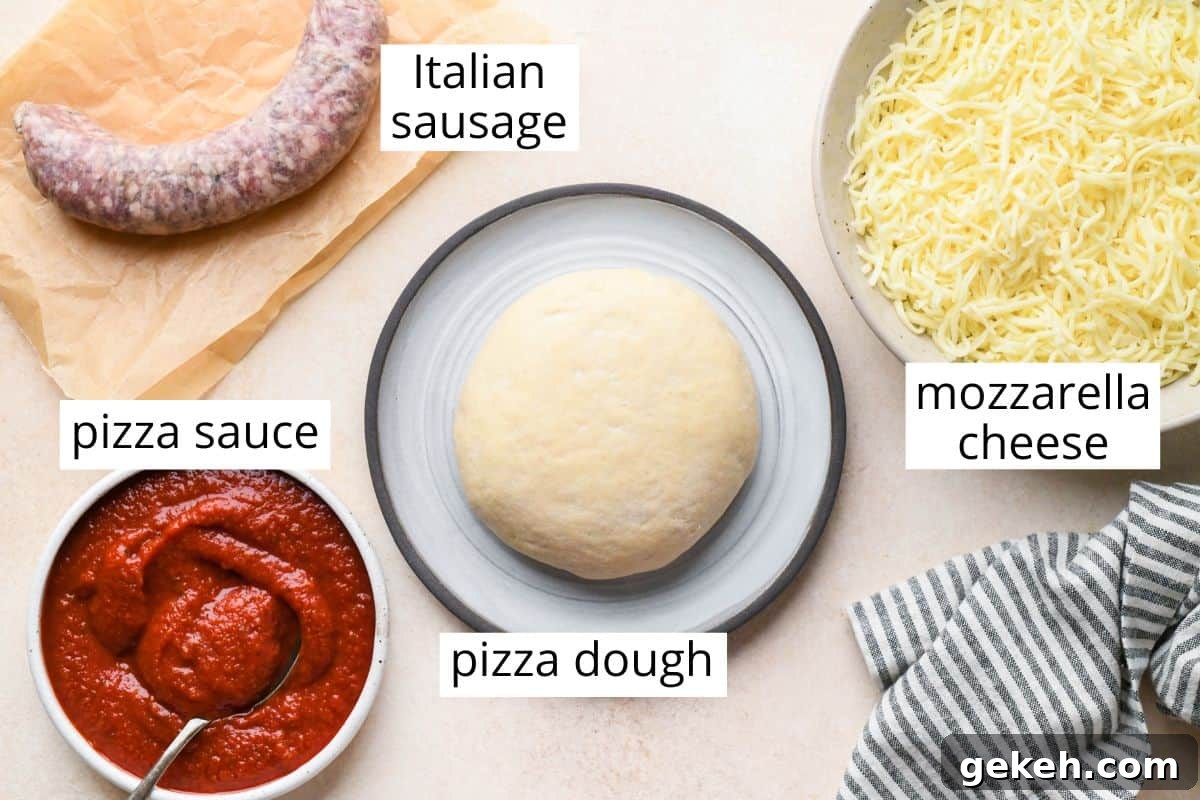 Classic Sausage Pizza Recipe: Crispy Crust & Savory Toppings 4 labeled ingredients in this Sausage Pizza recipe