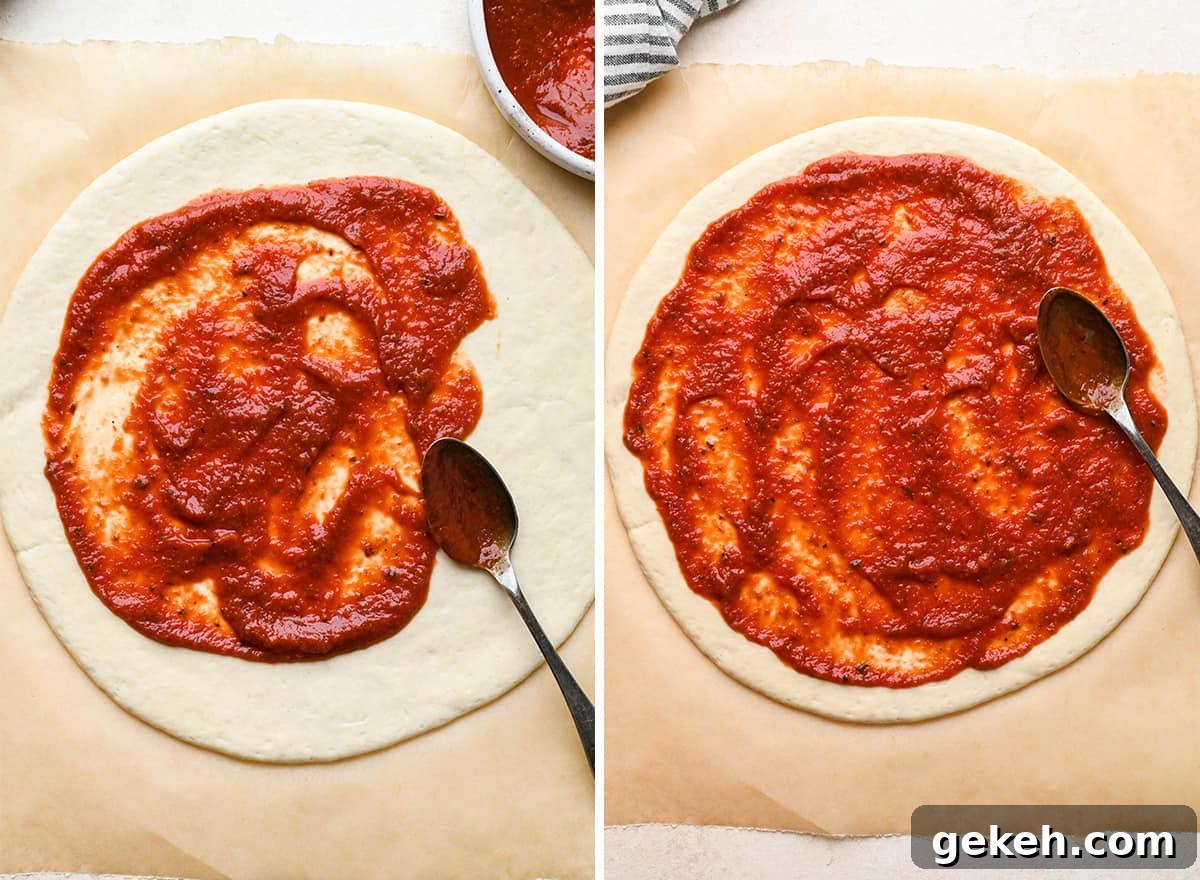 Classic Sausage Pizza Recipe: Crispy Crust & Savory Toppings 9 two photos showing spreading sauce on pizza dough to make Sausage Pizza