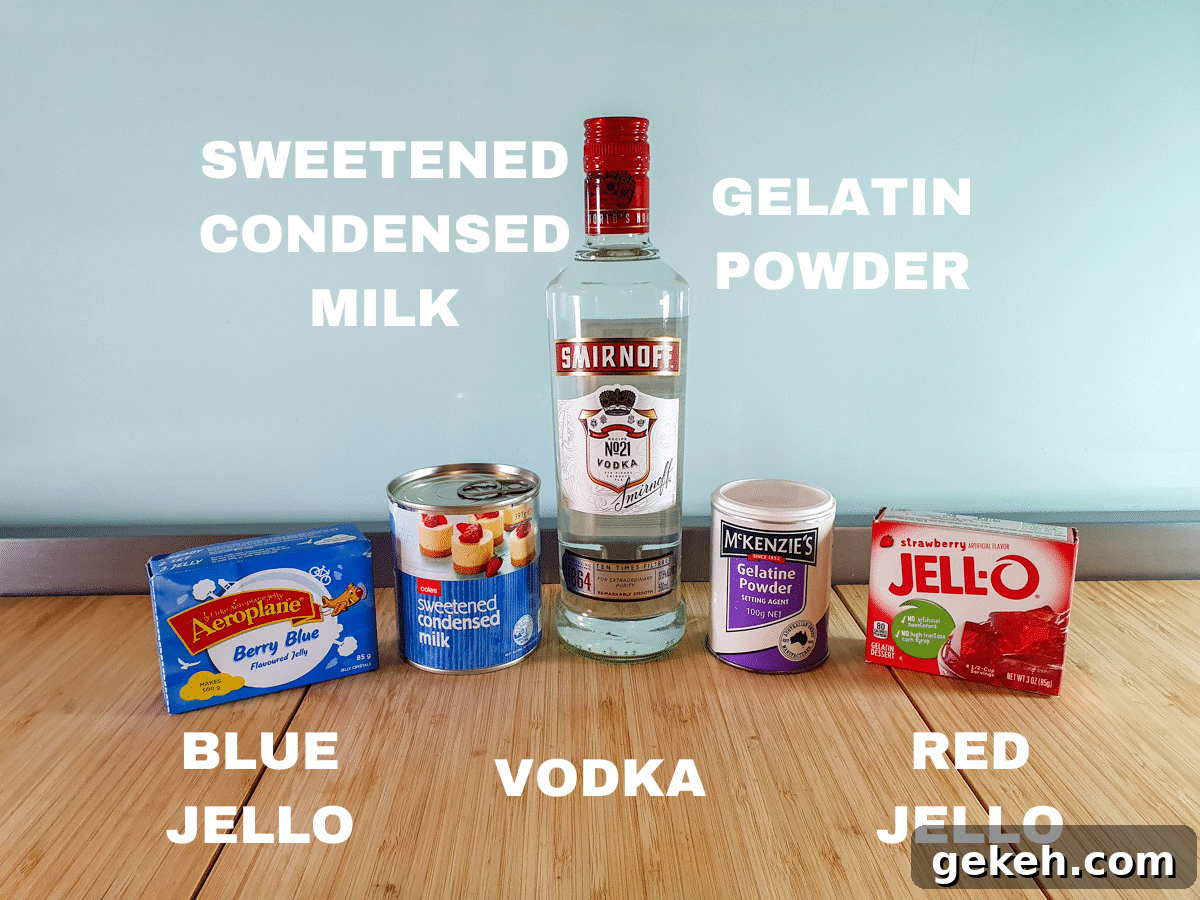Red white and blue jello shots ingredients, blue jello, sweetened condensed milk, vodka, gelatin powder, red jello.