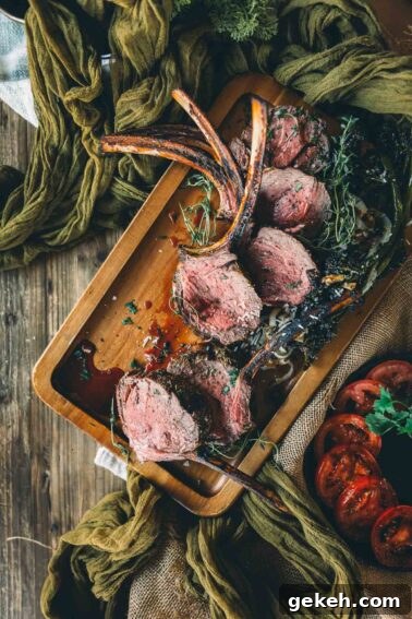 Grilled Elk Steaks: Juicy Elk Steak Recipe and Cooking Tips 9 A wooden tray holds sliced grilled rack of elk garnished with herbs, set on a rustic table with green cloth and sliced tomatoes nearby.