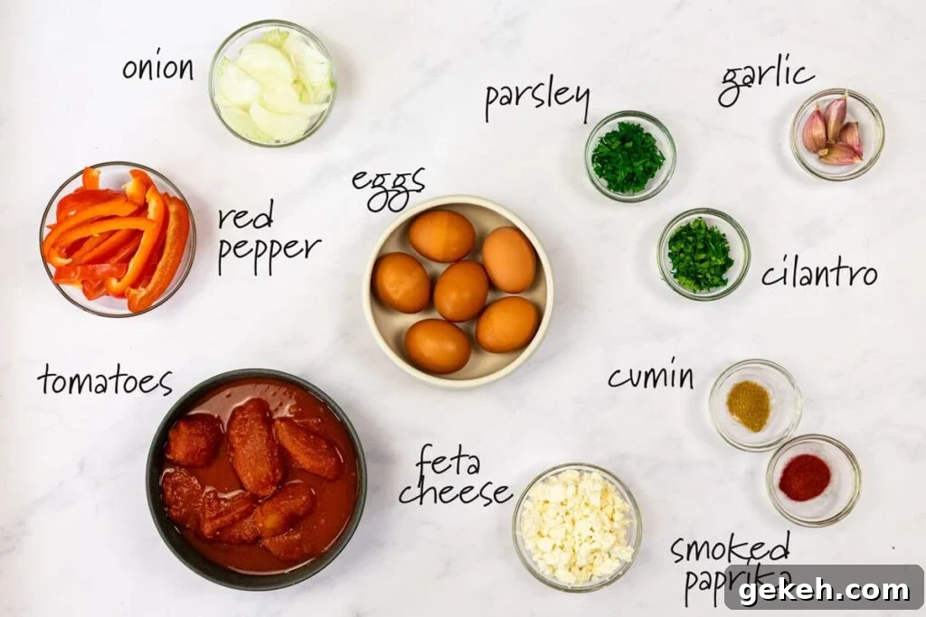 ingredients for shakshoka with text labels.