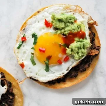 a tostada layered with refried black beans, a fried egg and smashed avocado