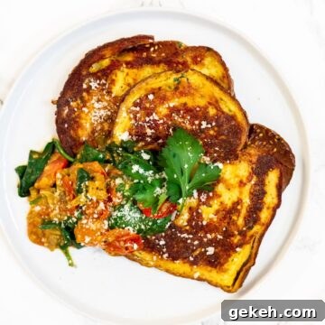 a top down view of savory French toast on a plate.