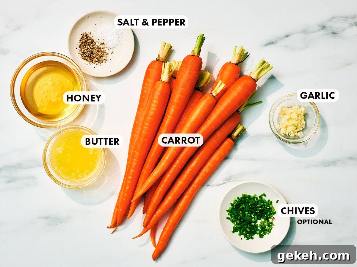 Ingredients to make Air Fryer Honey Roasted Carrots with butter and garlic.
