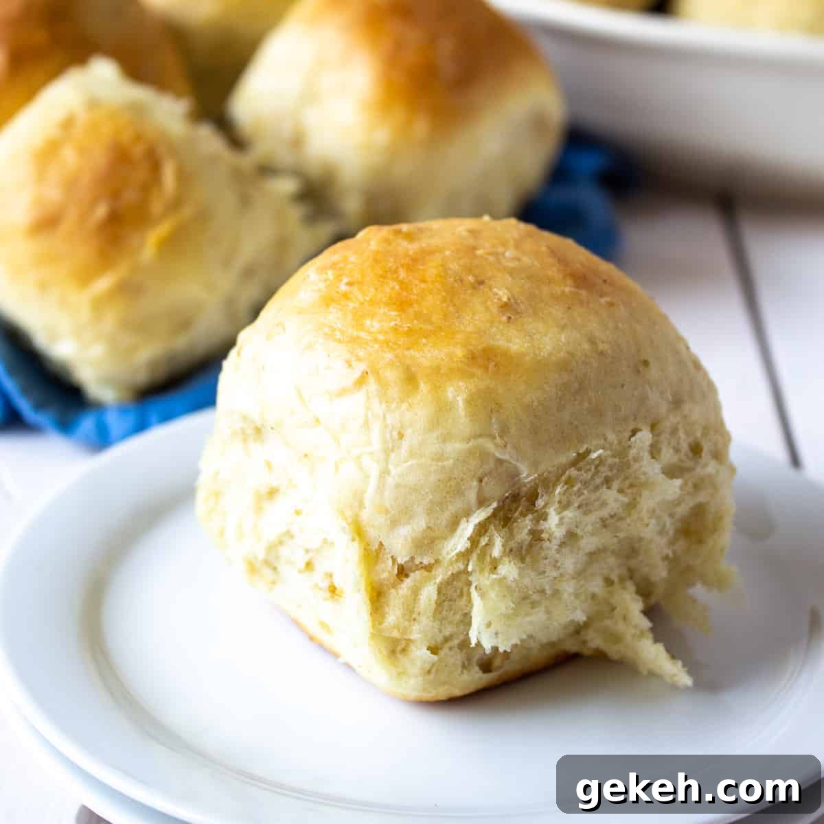 Soft Oatmeal Dinner Rolls Recipe for Fluffy Homemade Rolls 2 A round shaped dinner roll on a white plate.