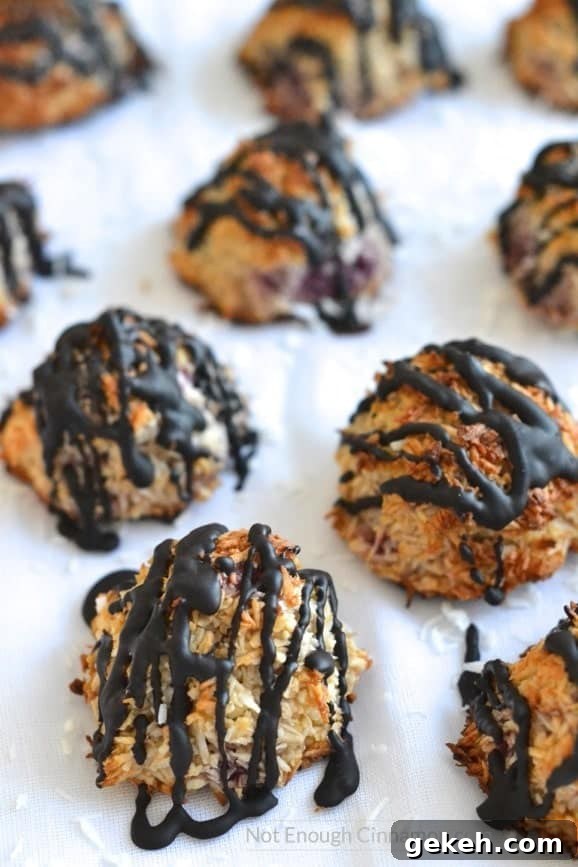 Refined sugar free, gluten free coconut macaroons with raspberries, drizzled with dark chocolate