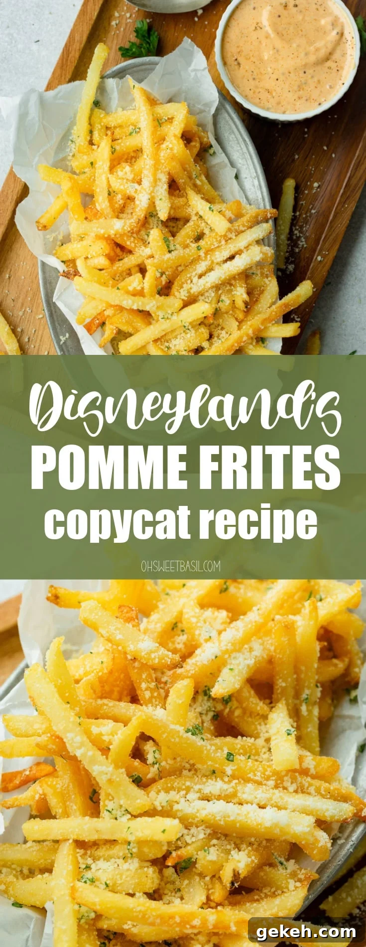How to Make Disneyland-Style Pomme Frites at Home 9 a photo of a dish full of hot salty parmesan fries with a dish of cajun dipping sauce sitting next to it.