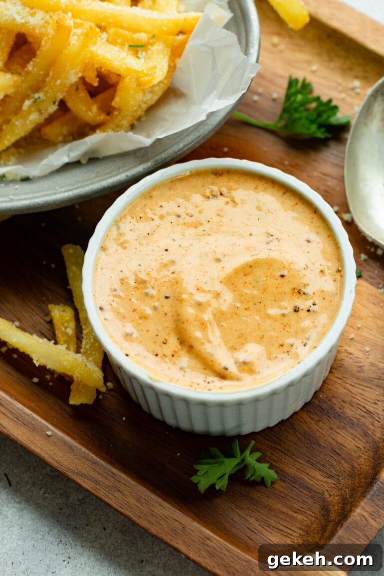 How to Make Disneyland-Style Pomme Frites at Home 3 a photo of a ramekin dish full of a cajun dipping sauce surrounded by golden french fries.