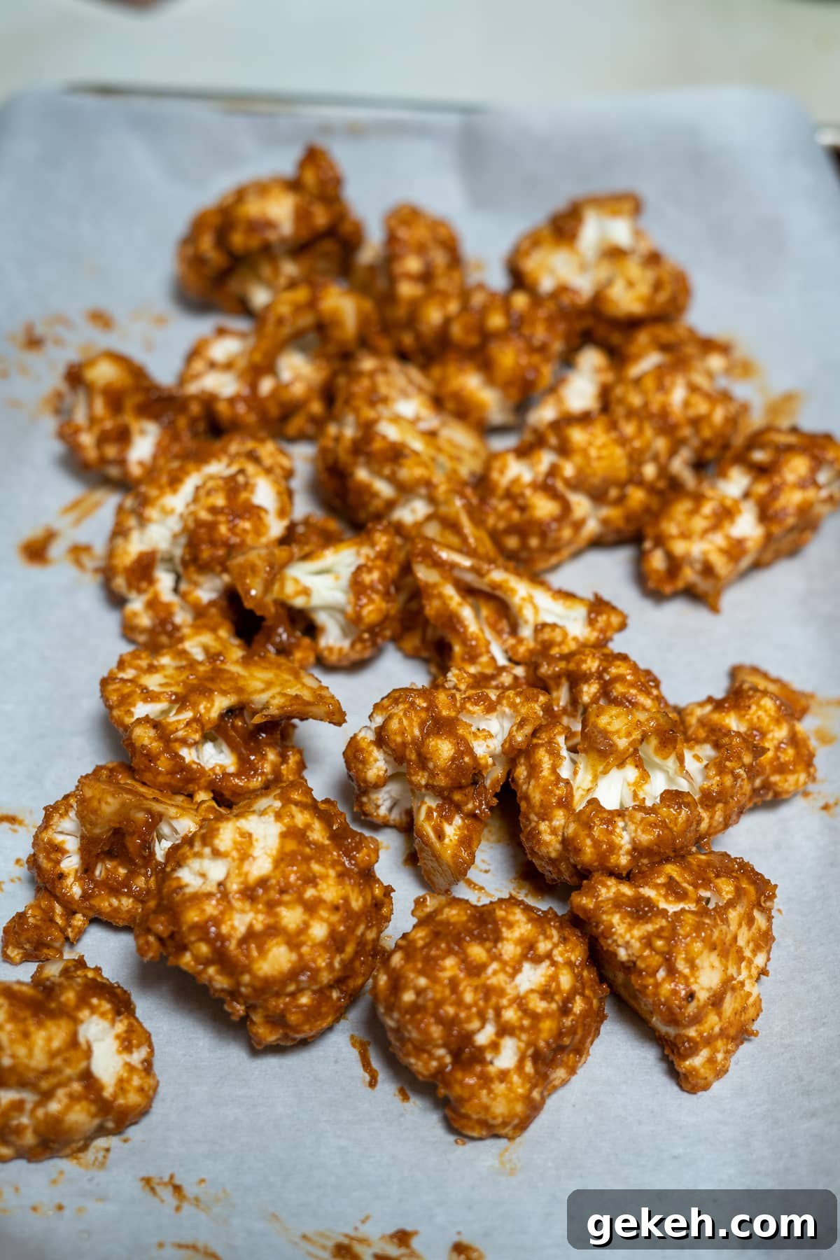 Spicy Keto Peanut Cauliflower Bites Recipe 6 cauliflower on baking tray