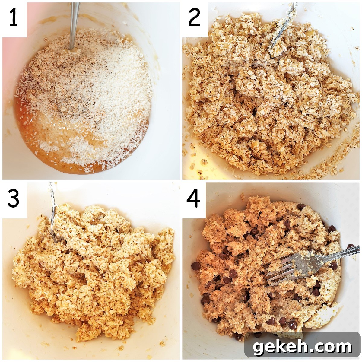 Banana Oat Cakes Recipe: Moist, Simple Breakfast Bites 4 A collage of 4 images showing steps for mixing banana oat cakes
