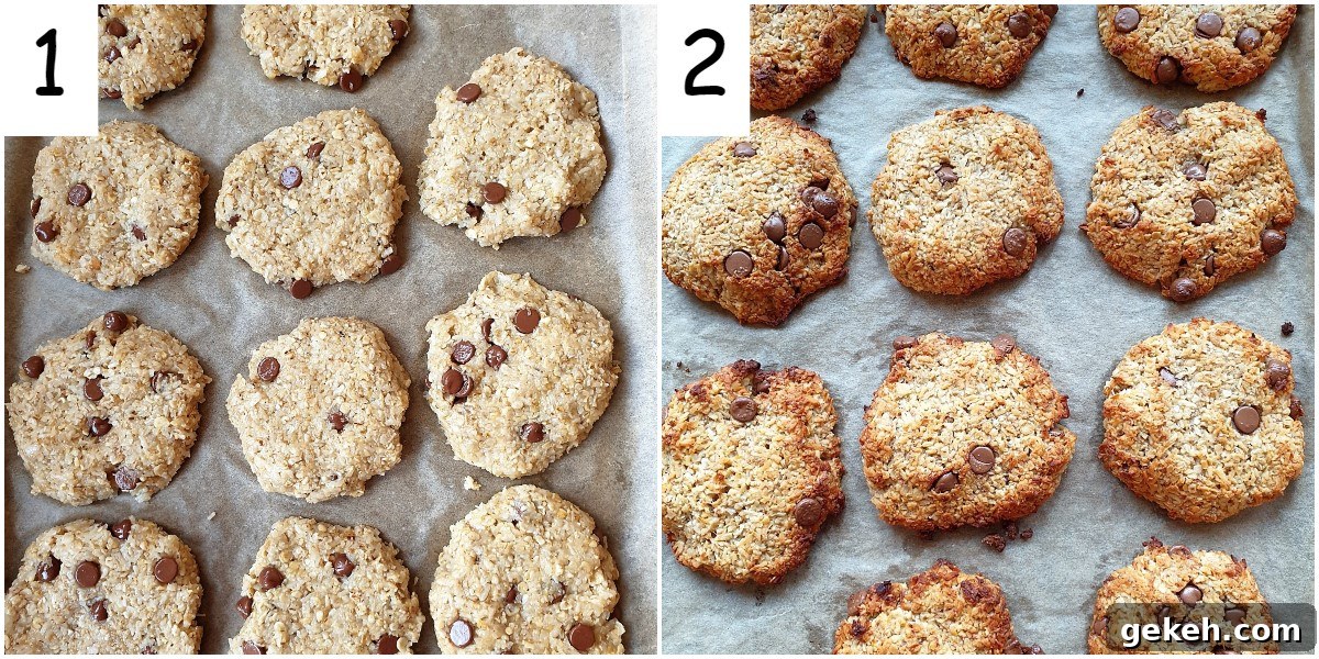 Banana Oat Cakes Recipe: Moist, Simple Breakfast Bites 5 Two trays of banana oat cakes, one with unbaked biscuits and the other with the baked biscuits.