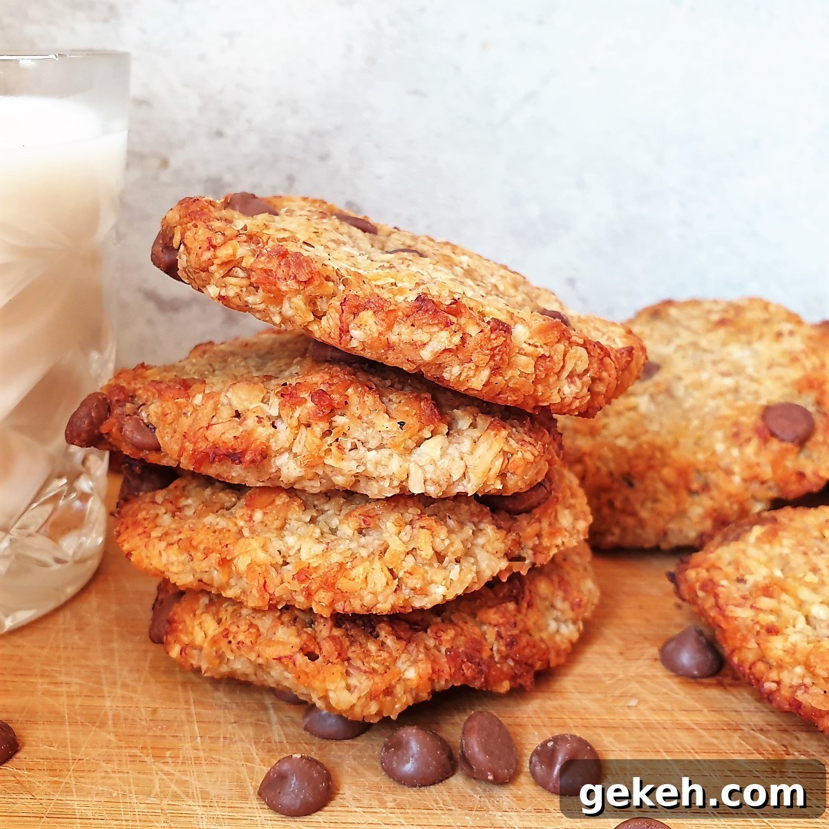 Banana Oat Cakes Recipe: Moist, Simple Breakfast Bites 6 A pile of banana oat cookies next to a glass of milk.