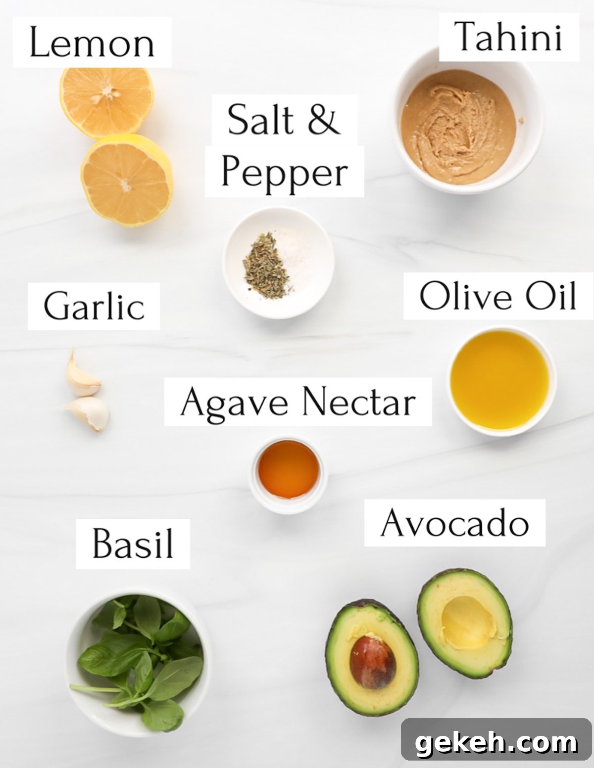 Labeled ingredients including: lemon, tahini, salt and pepper, garlic, olive oil, agave nectar, basil, avocado.