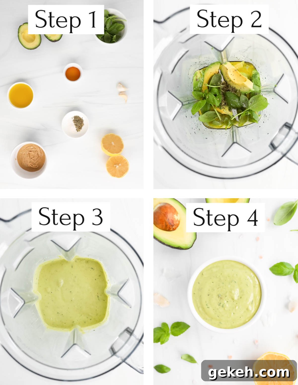 Four images labeled 1-4 including: step 1: ingredients laid out on a white marble counter, step 2: the ingredients in a blender, step 3: the ingredients blender inside a blender, step 4: the blended sauce in small white bowl.