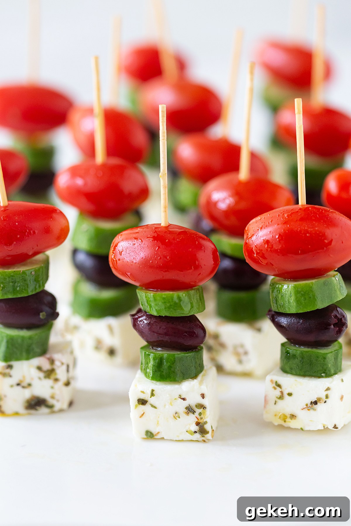 Greek Salad Skewers Recipe: Fresh Tomato, Cucumber & Feta Bites 3 Greek Salad Skewers on a Stick