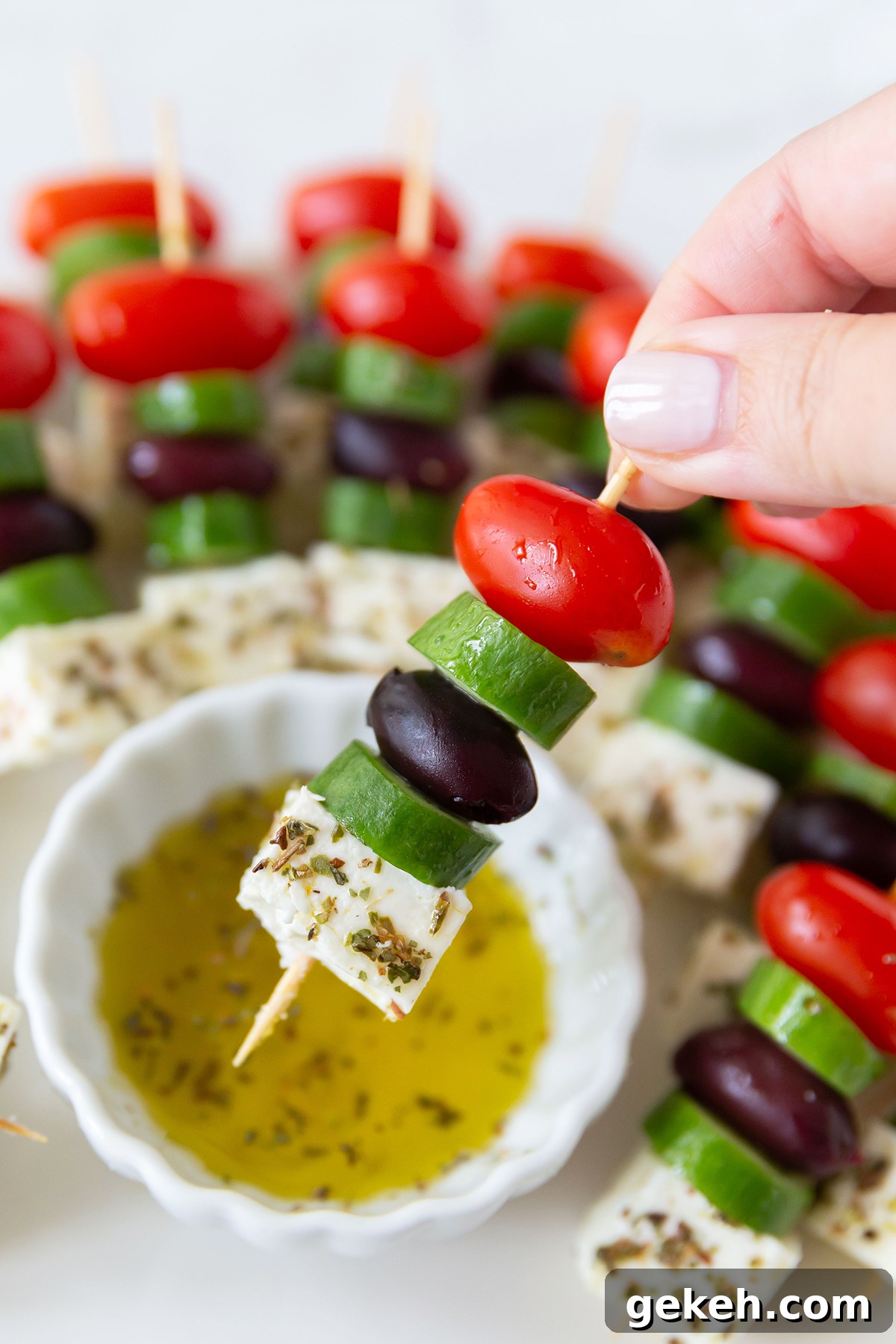 Greek Salad Skewers Recipe: Fresh Tomato, Cucumber & Feta Bites 4 Greek Salad on a Stick as Appetizer