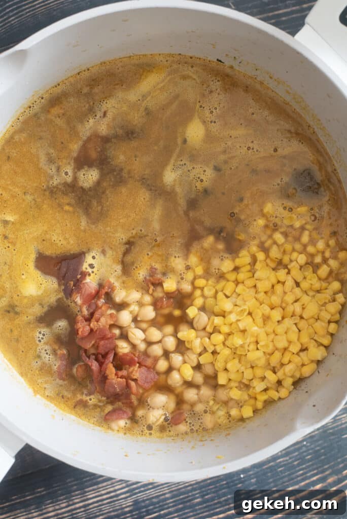 adding bacon beans and corn to ham bean soup
