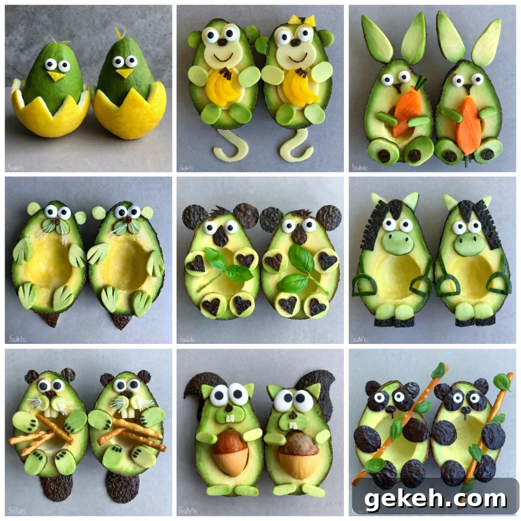 A gallery showing avocado fruit animals with chicks, monkeys, bunnies, otters, koalas, ponies, beavers, squirrels, and pandas showcased.
