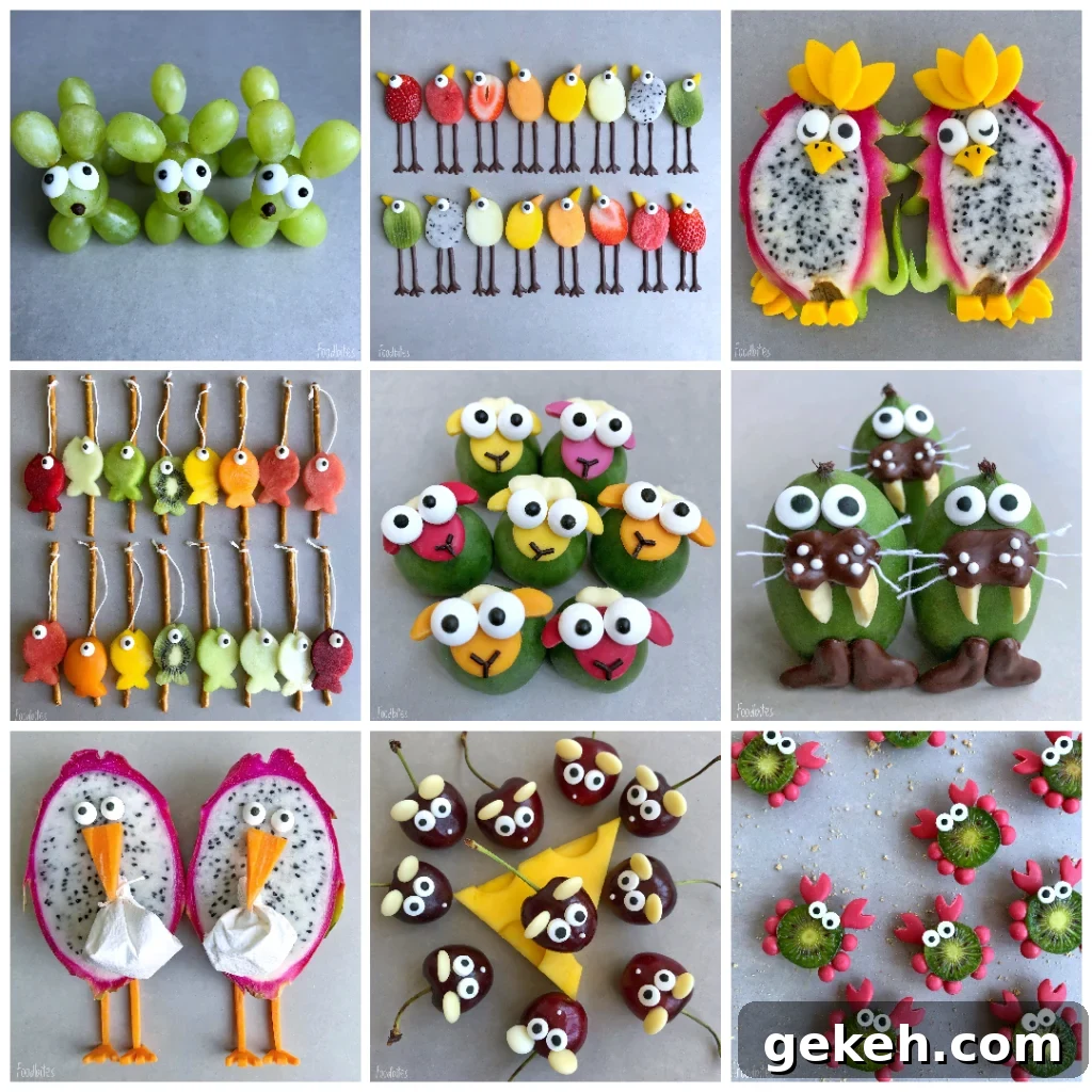 Fruit animals with varied fruits such as kiwi berries, dragonfruit, cherries, grapes, etc, featuring poodles, birds, parrots, fish, lambs, walruses, storks, mice, and crabs.