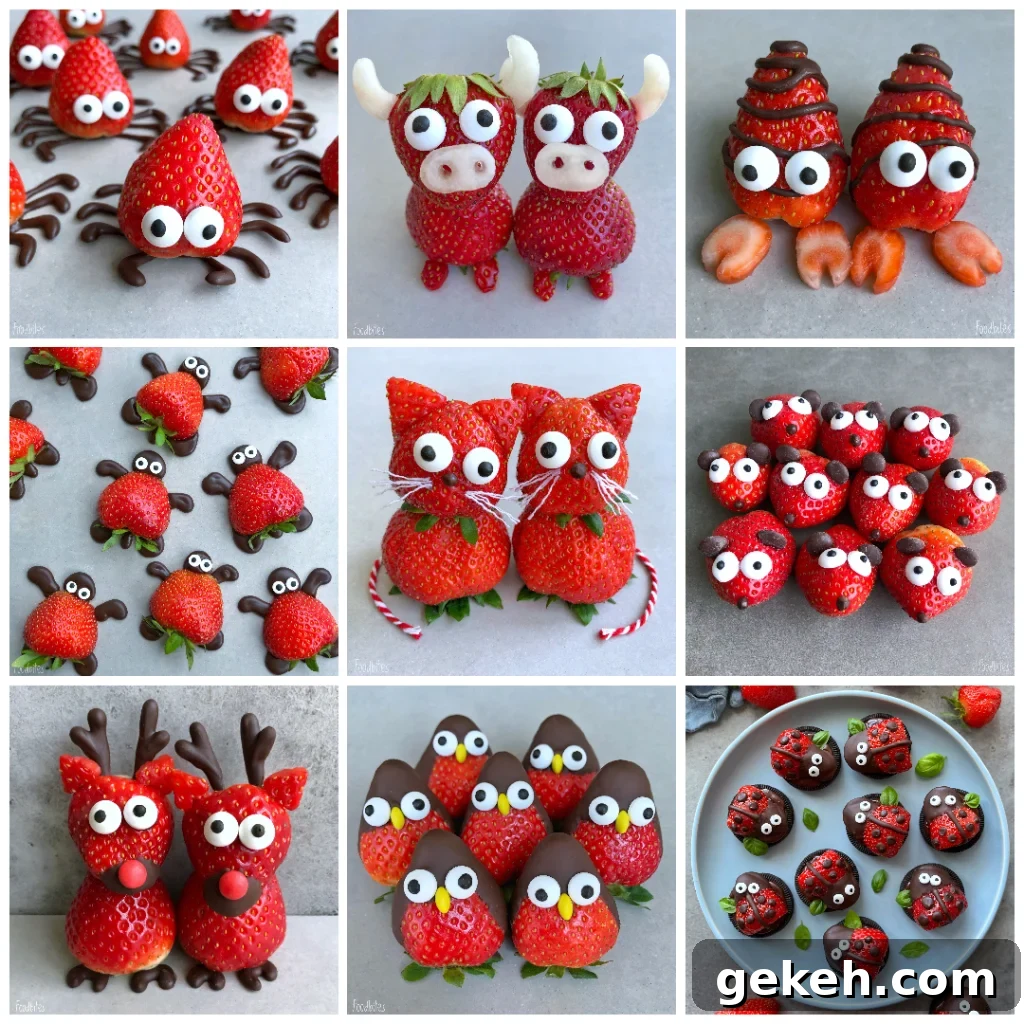 A gallery with strawberry fruit animals featuring spiders, bulls, hermit crabs, turtles, cats, mice, reindeer, owls, and ladybugs.