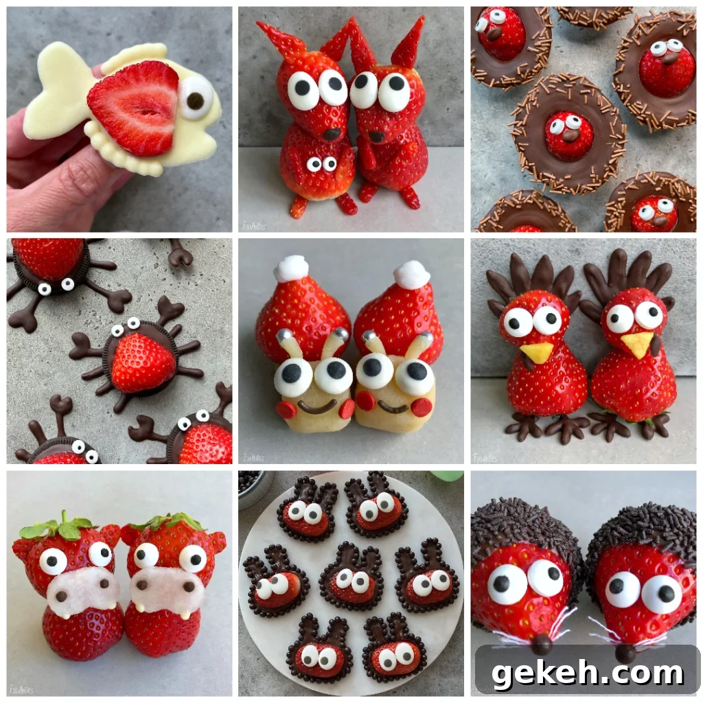 Another gallery with strawberry fruit animals featuring fish, kangaroos, porcupines, crabs, snails, turkeys, cows, bunnies, and hedgehogs.