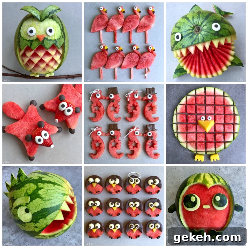 A gallery with watermelon fruit animals featuring an owl, flamingos, a shark, flying squirrels, seahorses, a bird, a dinosaur, robins, and a penguin.