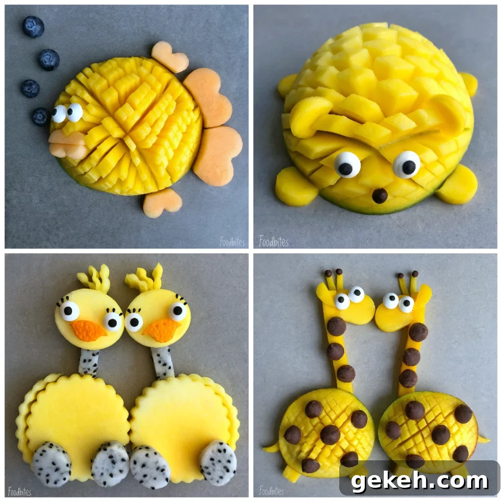 A gallery featuring four mango fruit animals: a puffer fish, a Pomeranian, ostriches, and giraffes.