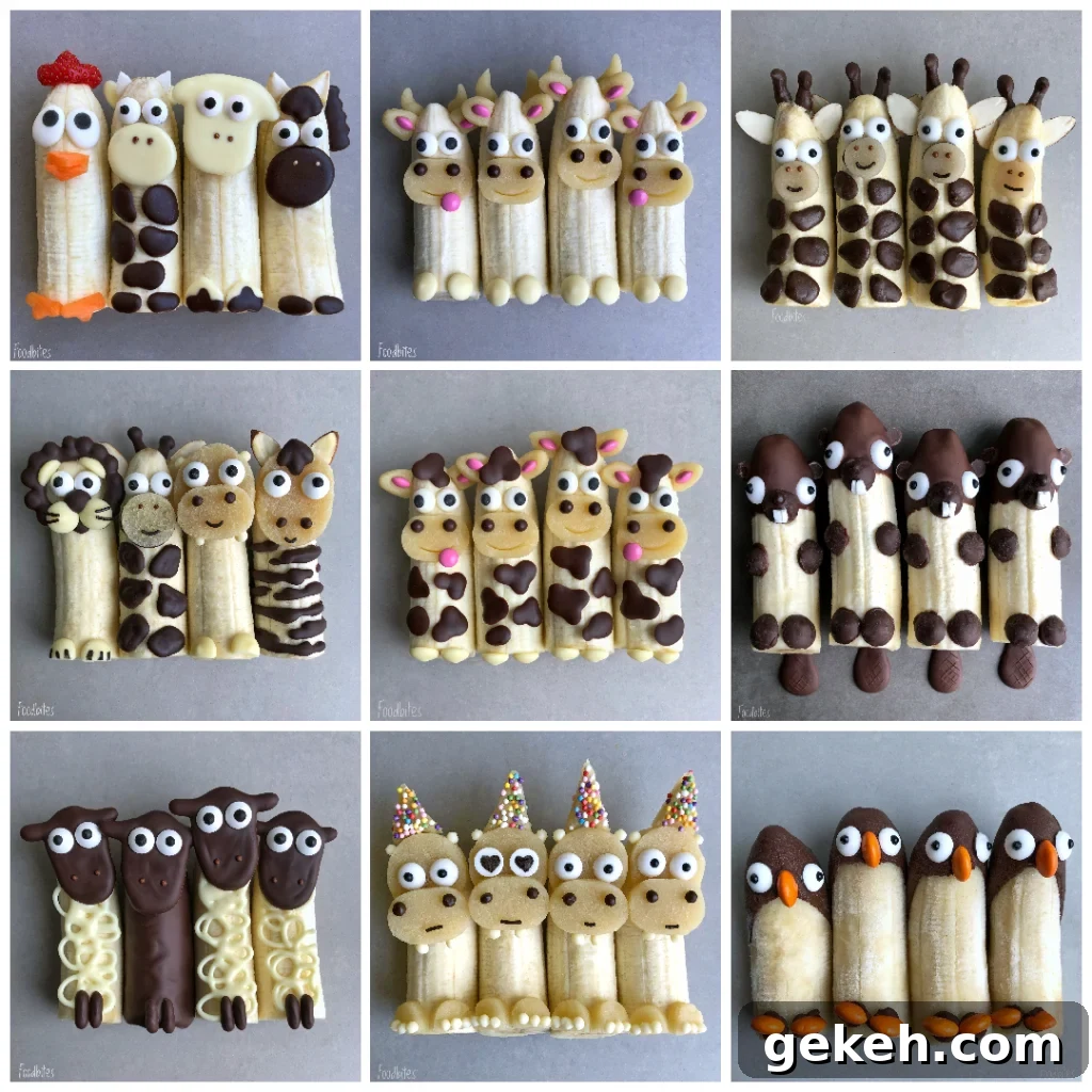 A gallery featuring banana fruit animals with farmyard animals, bulls, giraffes, safari animals, cows, beavers, sheep, hippos, and penguins.