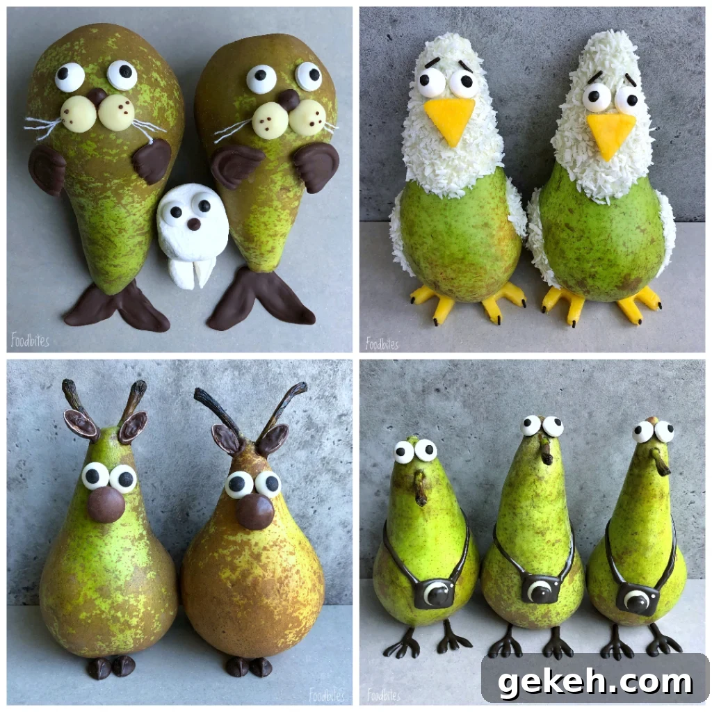 A gallery with pear fruit animals featuring seals, bald eagles, reindeers, and pigeons.