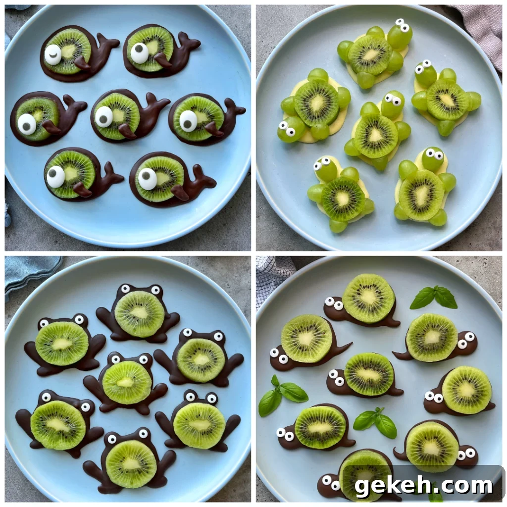 A kiwi fruit animals gallery featuring whales, turtles, frogs, and snails.