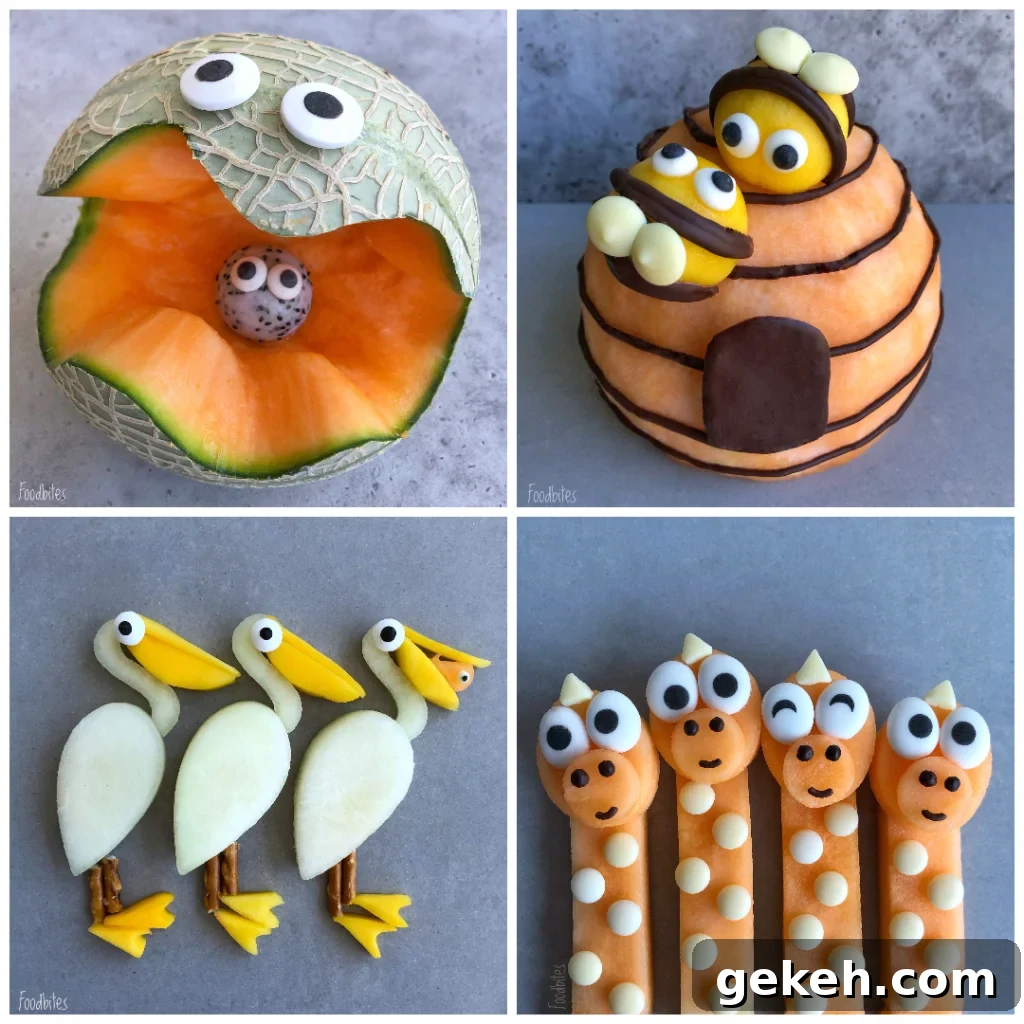 A melon fruit animals gallery with a pearl and oyster duo, bees and a beehive, pelicans, and dinosaurs.