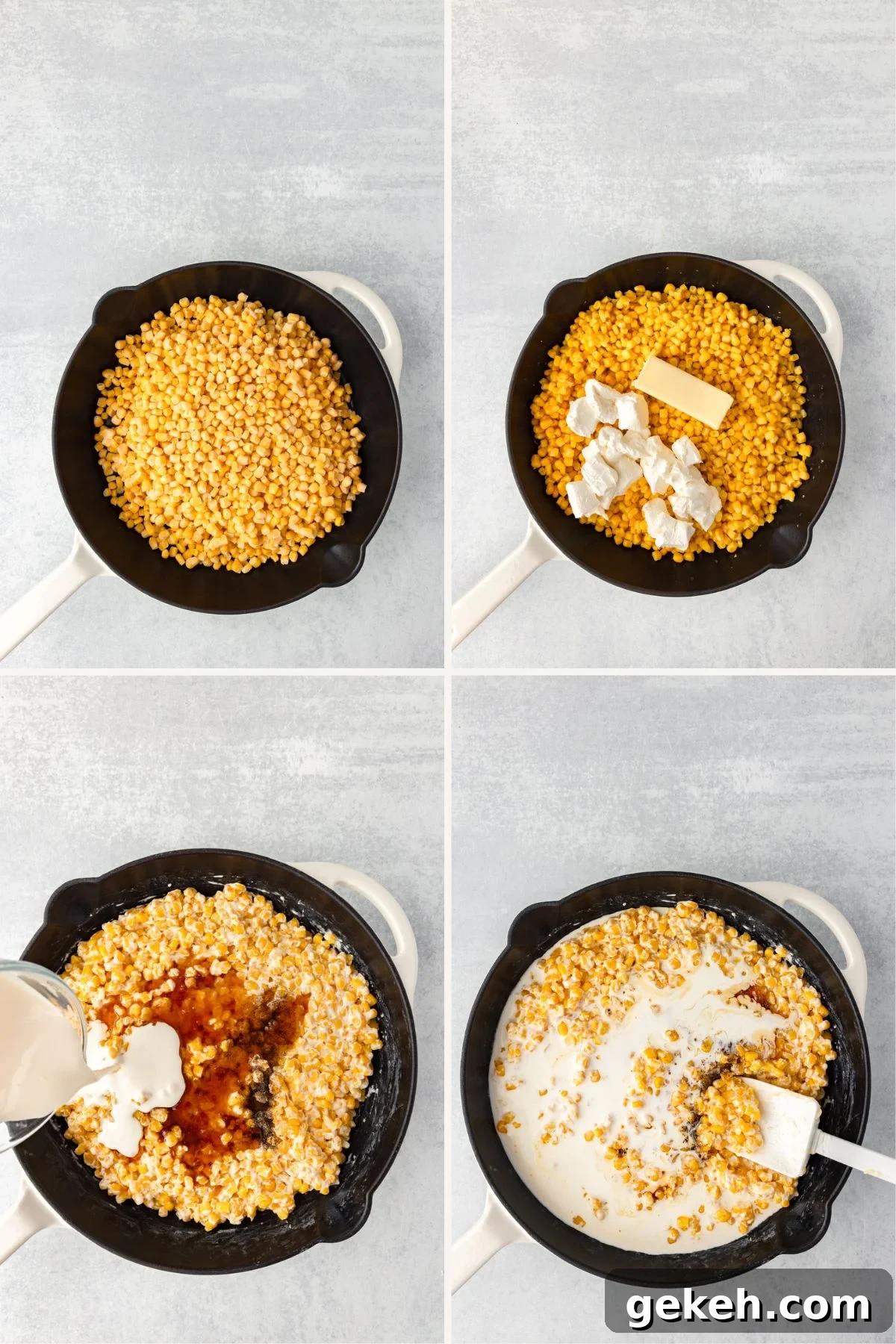 Four images show the sequential process of cooking a dish in a pan. The first image shows cooked corn. The second adds butter and cream cheese. The third has milk and soy sauce being poured in. The fourth shows the mixture being stirred with a spatula.